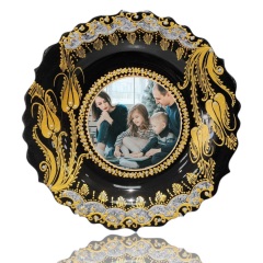 Dm Porselen Siyah Altın El Yapımı Kadife Kutulu Hediyelik Plaket Çini Tabak (Logo, Resim ve Yazı Tasarımlı)