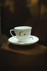 Dm Porselen Kadife Kutulu Altın Hilal ve Yıldız Desenli 2'li Kahve Fincan Takımı