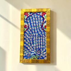 Çiçek Motifli Çini Desenli Gold Çerçeveli Dekoratif Karo
