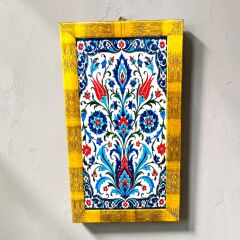 Simetrik Lale Motifli Çini Desenli Gold Çerçeveli Dekoratif Karo