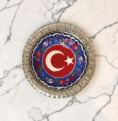 Dm Porselen Ayyıldız Lacivert Kırmızı  Gümüş Plaket Tabak Kadife Kutulu